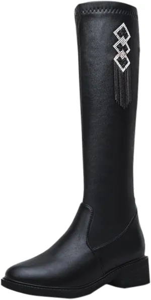 Thigh High Boots for Women Black Knee High Boots Women's Autumn Winter Round Toe Side Zipper Chunky Heel Fashion Boot