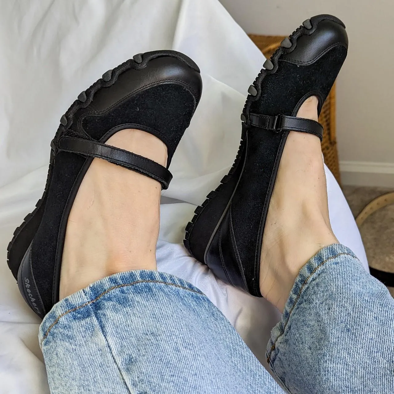 Vintage Black Skechers Wedge Ballerina Velcro Mary Jane Sneakers