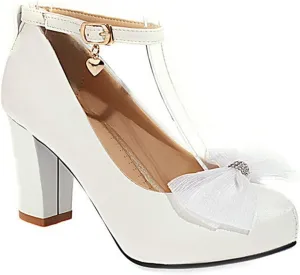VOKLIN Women's Girls Lolita Ankle Strap Mary Jane Pumps Sweet Bow Block High Heel Princess Oxford Dress Shoes