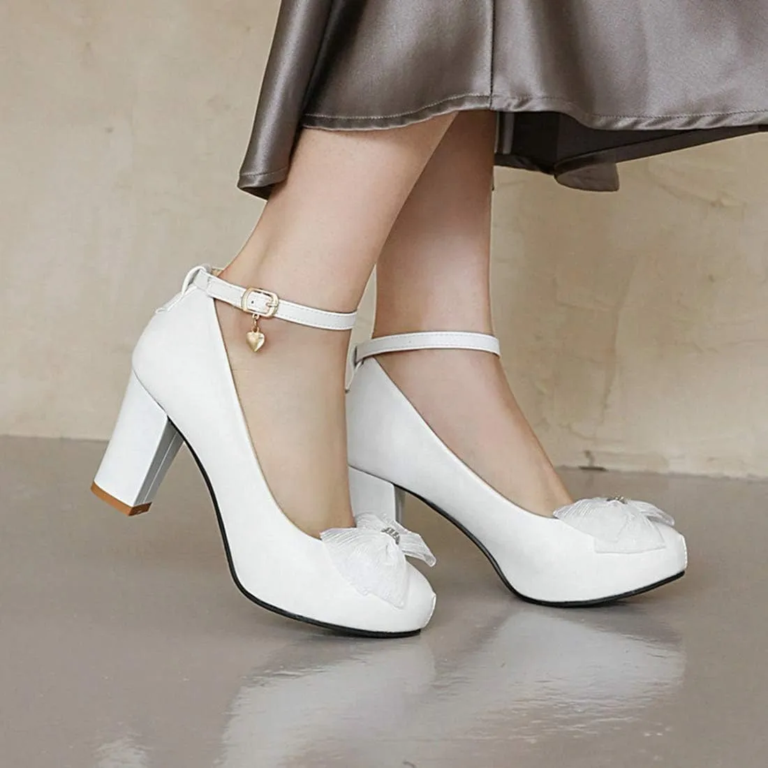 VOKLIN Women's Girls Lolita Ankle Strap Mary Jane Pumps Sweet Bow Block High Heel Princess Oxford Dress Shoes
