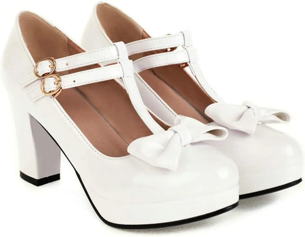 VOKLIN Women's Girls Platform T-Strap Mary Jane Pumps with Bow Ankle Strap Block High Heel Oxford Dress Shoes