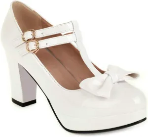 VOKLIN Women's Girls Platform T-Strap Mary Jane Pumps with Bow Ankle Strap Block High Heel Oxford Dress Shoes