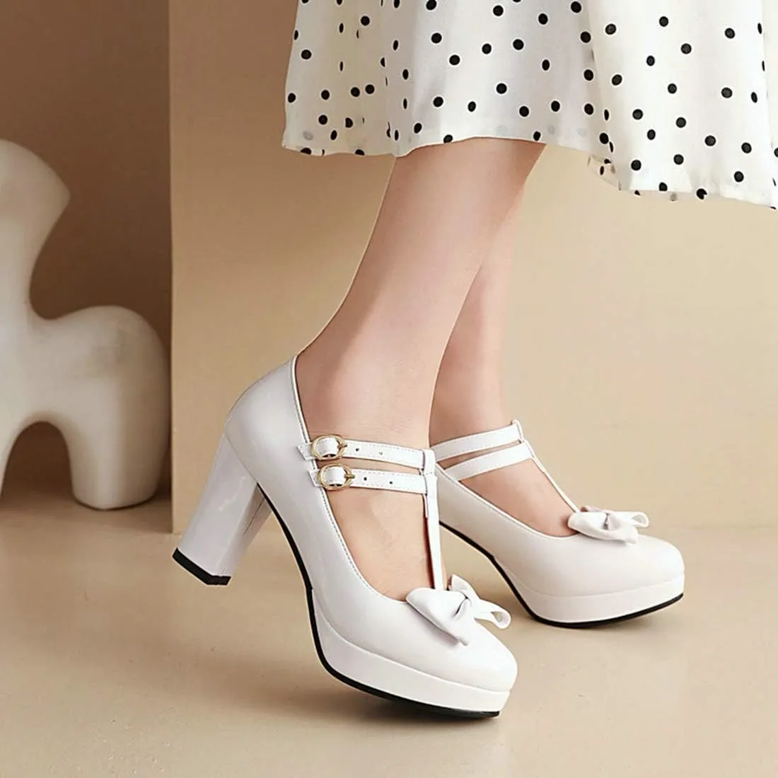 VOKLIN Women's Girls Platform T-Strap Mary Jane Pumps with Bow Ankle Strap Block High Heel Oxford Dress Shoes