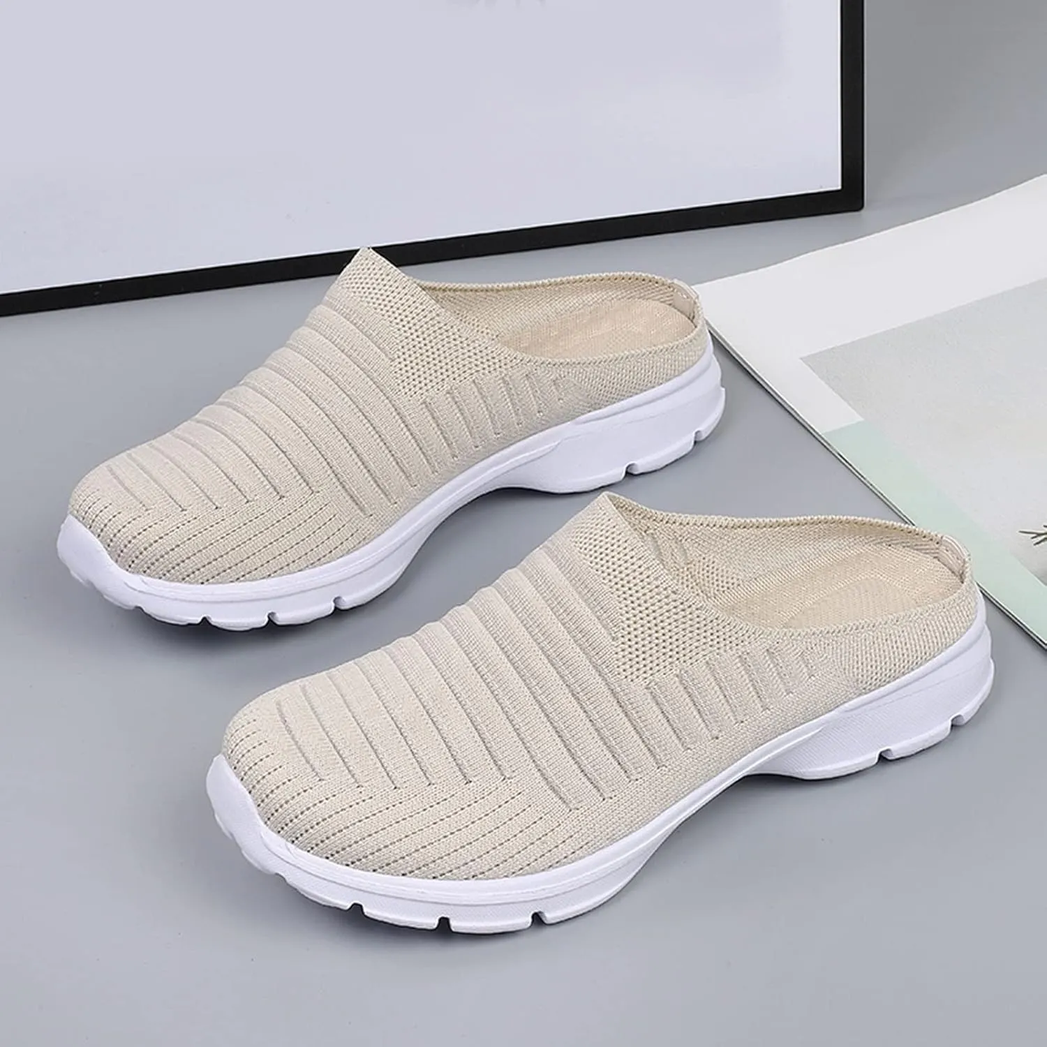 Walking Shoes Women 2025 Womens Breathable Mesh Backless Walk Mules Sneaker Fashion Knitted Backless Open Back Slip on Lightweight Walking Shoes