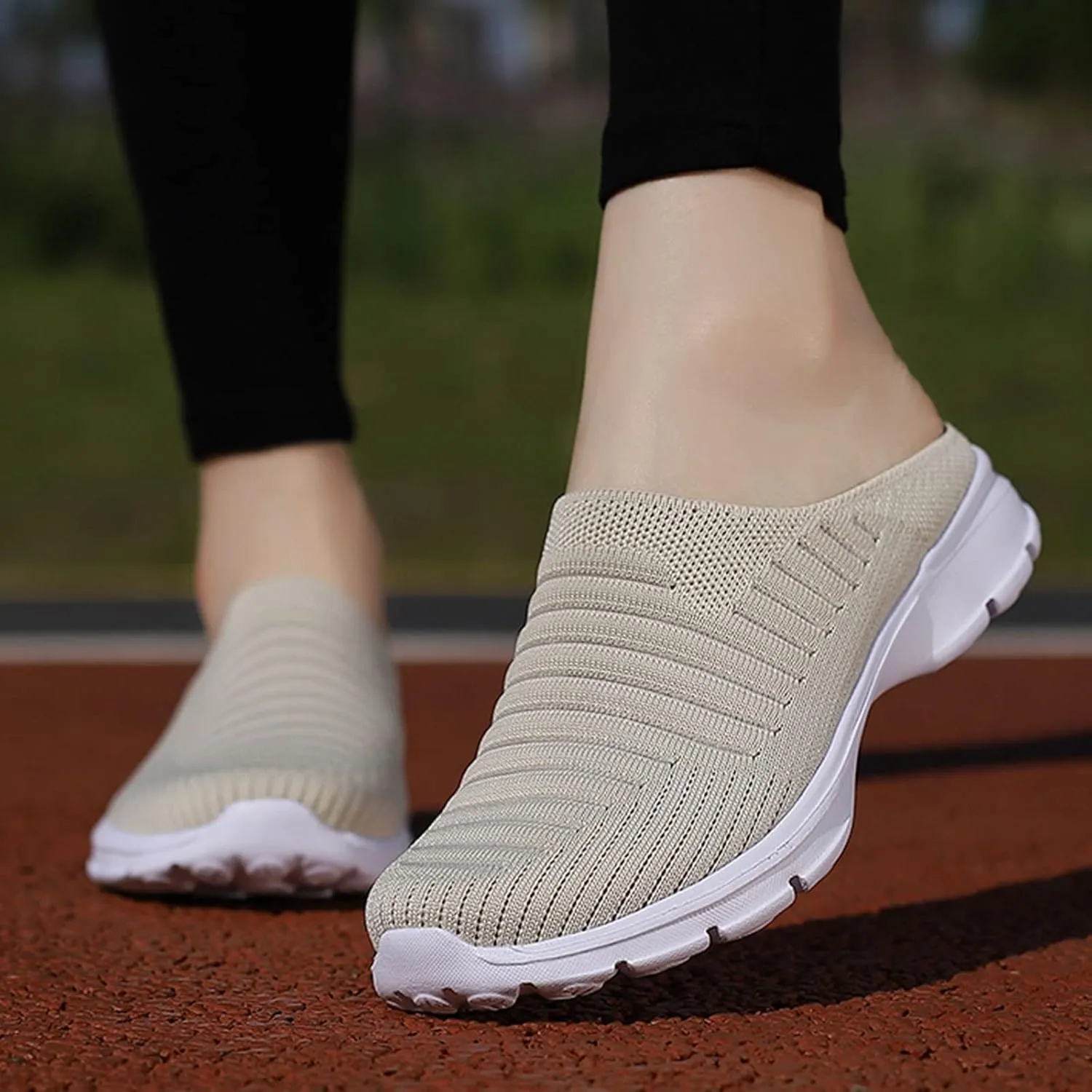 Walking Shoes Women 2025 Womens Breathable Mesh Backless Walk Mules Sneaker Fashion Knitted Backless Open Back Slip on Lightweight Walking Shoes
