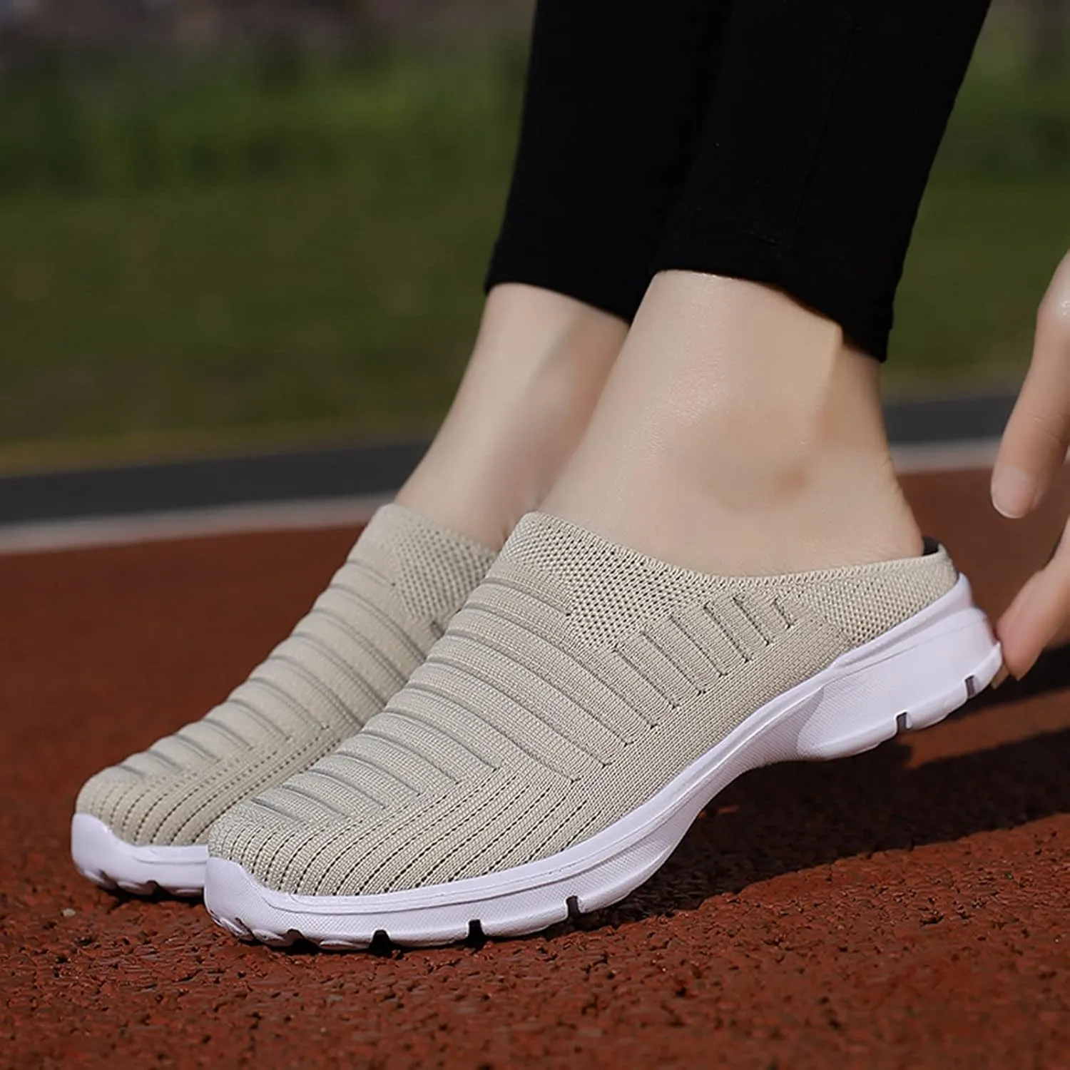 Walking Shoes Women 2025 Womens Breathable Mesh Backless Walk Mules Sneaker Fashion Knitted Backless Open Back Slip on Lightweight Walking Shoes
