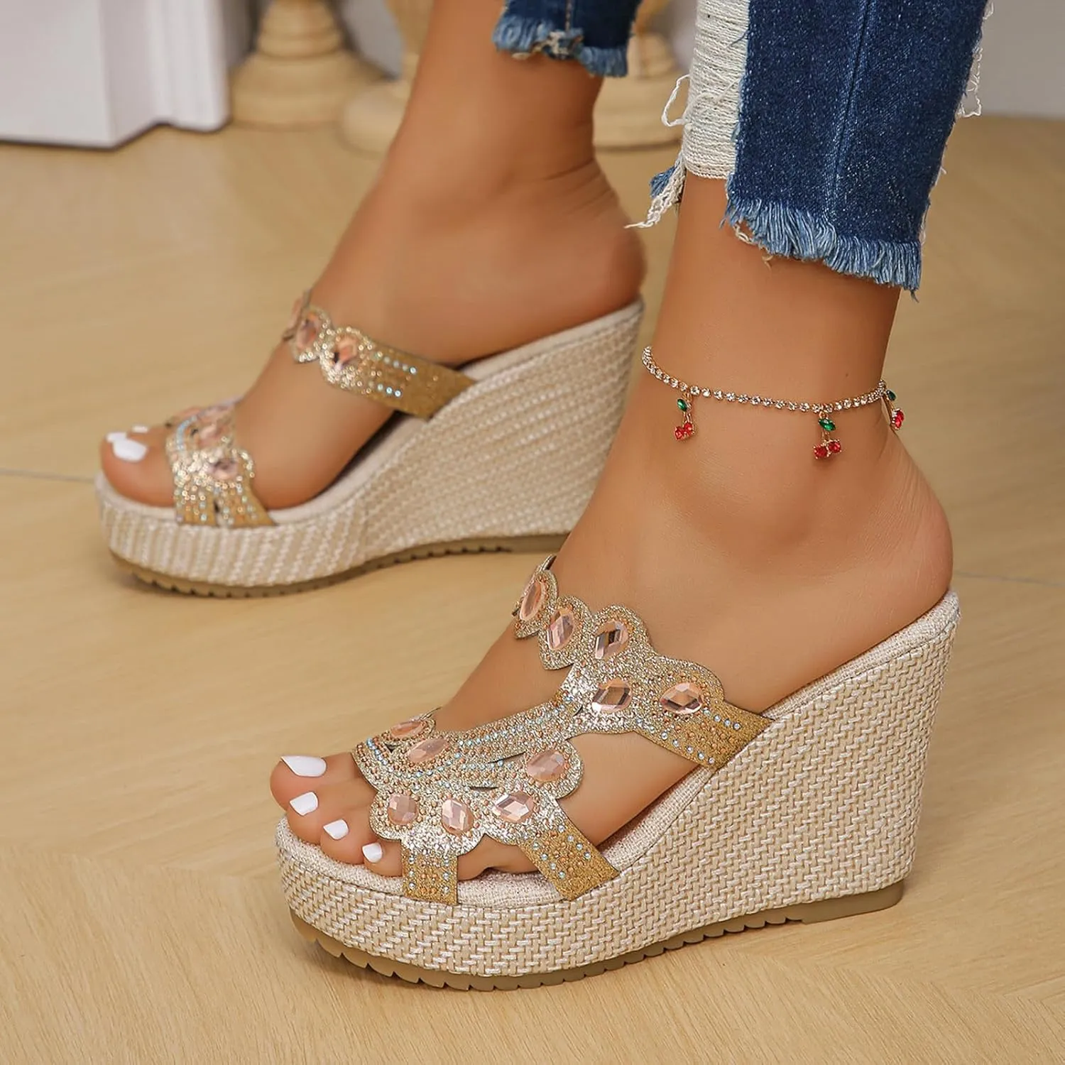 Wedge Sandals, White Summer Mules, Women's Washable Breathable Beach Casual Shoes, Strappy, Lightweight
