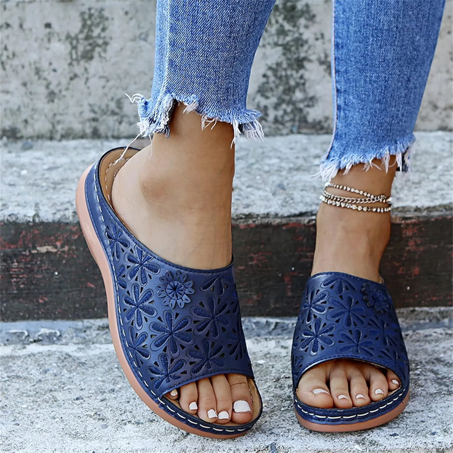 Wide Width Sandals for Women Orthopedic Comfort Slip On Slide Slippers with Arch Support Platform Beach Walking Shoes