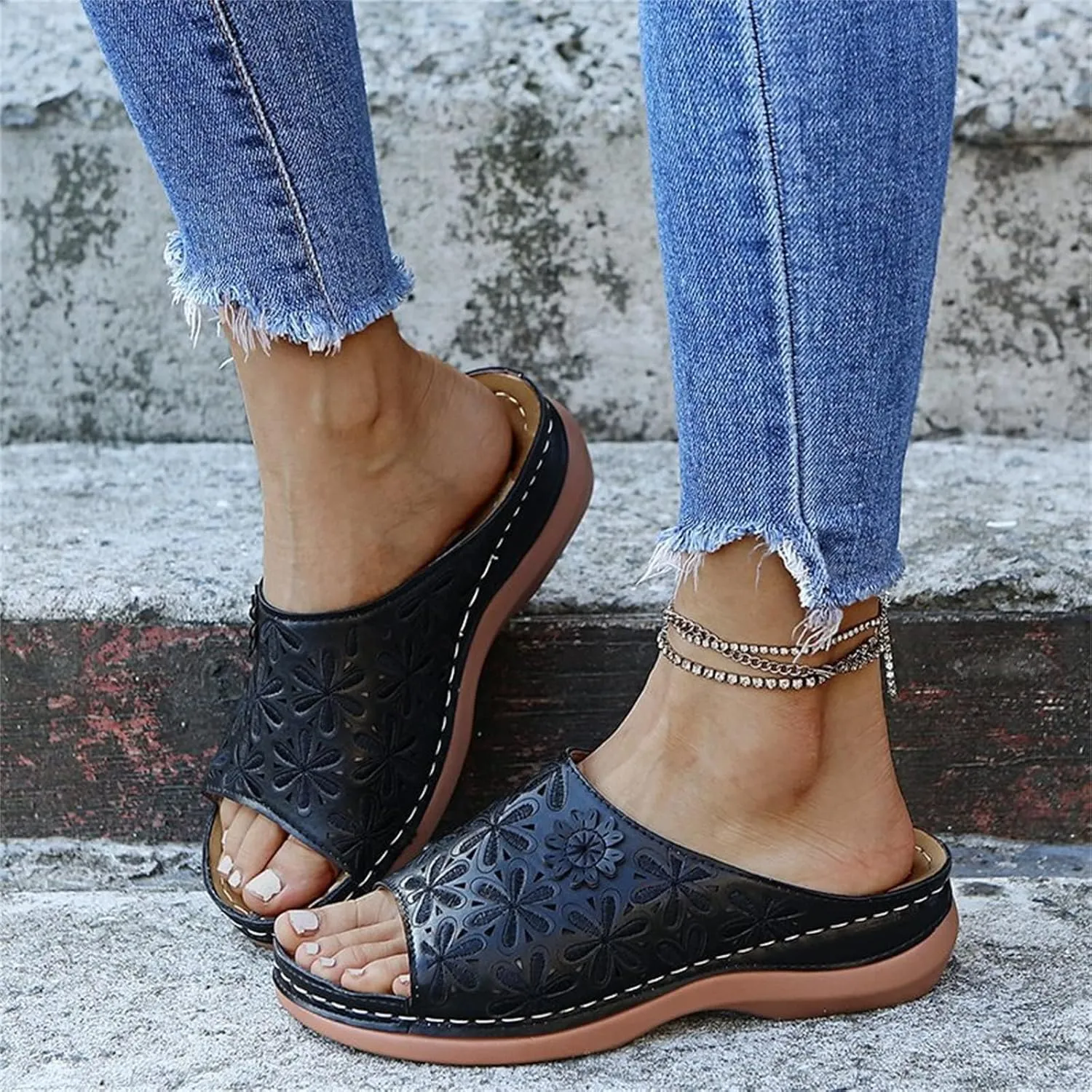 Wide Width Sandals for Women Orthopedic Comfort Slip On Slide Slippers with Arch Support Platform Beach Walking Shoes