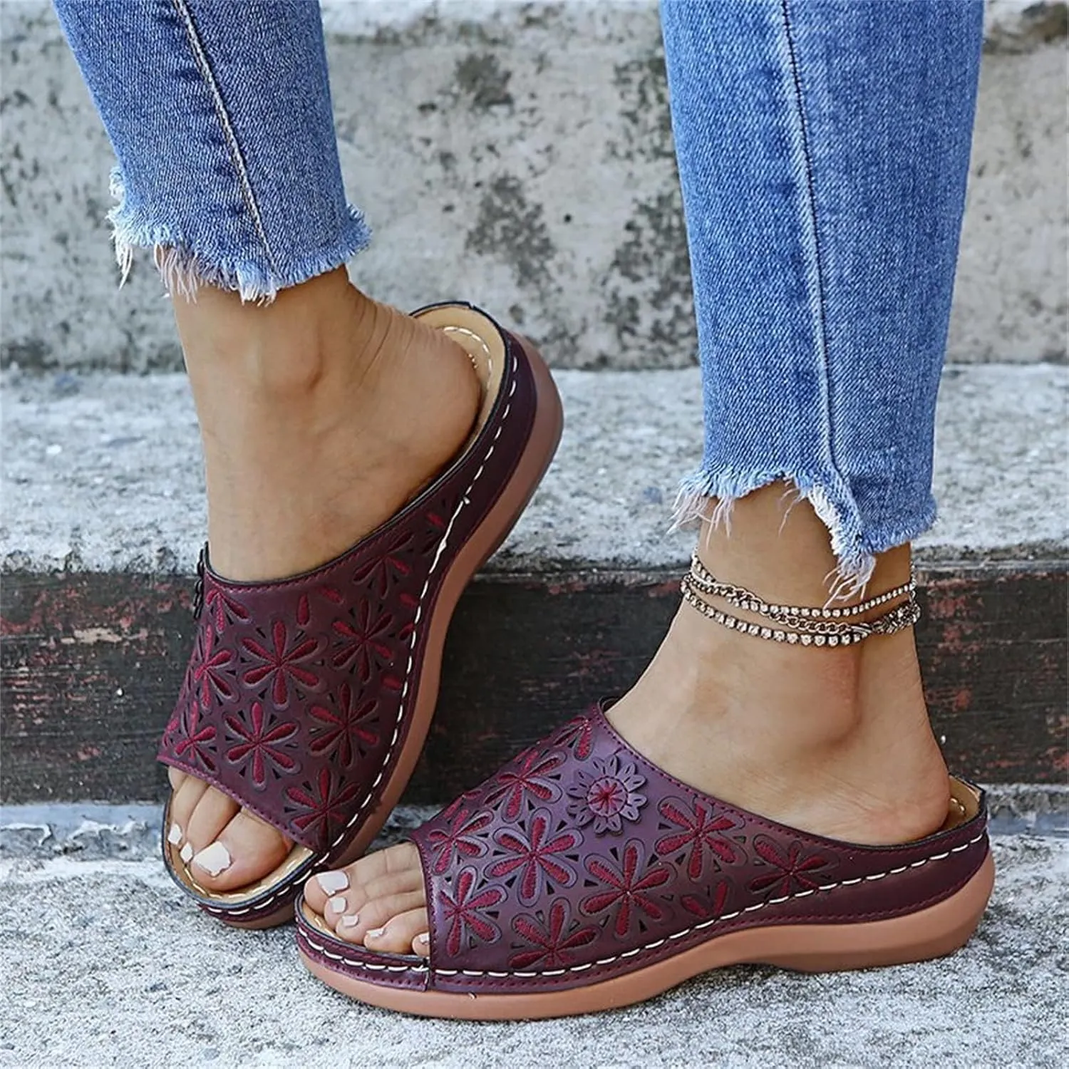 Wide Width Sandals for Women Orthopedic Comfort Slip On Slide Slippers with Arch Support Platform Beach Walking Shoes