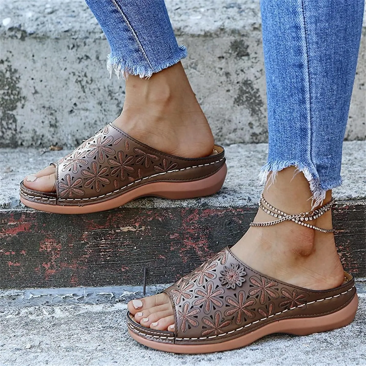 Wide Width Sandals for Women Orthopedic Comfort Slip On Slide Slippers with Arch Support Platform Beach Walking Shoes