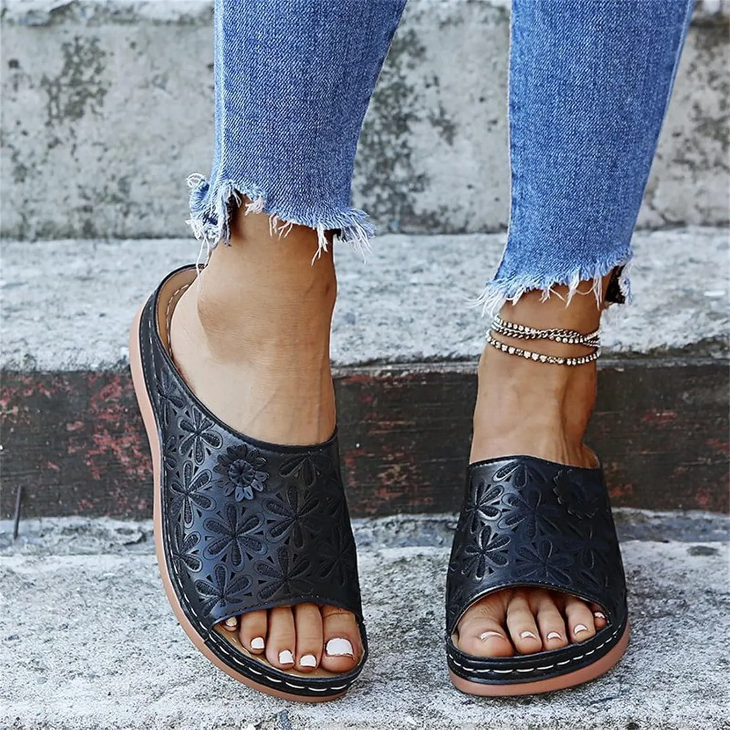 Wide Width Sandals for Women Orthopedic Comfort Slip On Slide Slippers with Arch Support Platform Beach Walking Shoes