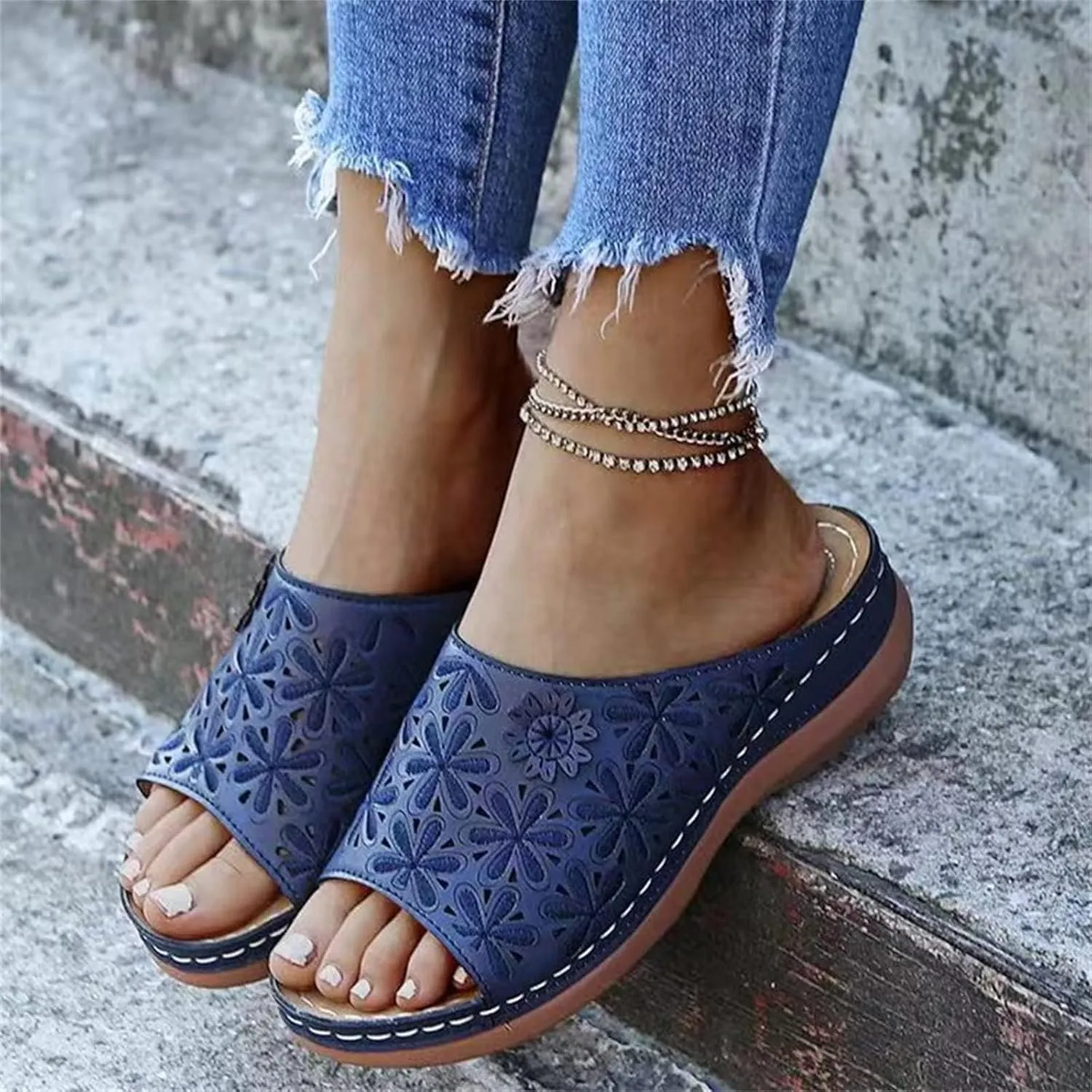 Wide Width Sandals for Women Orthopedic Comfort Slip On Slide Slippers with Arch Support Platform Beach Walking Shoes