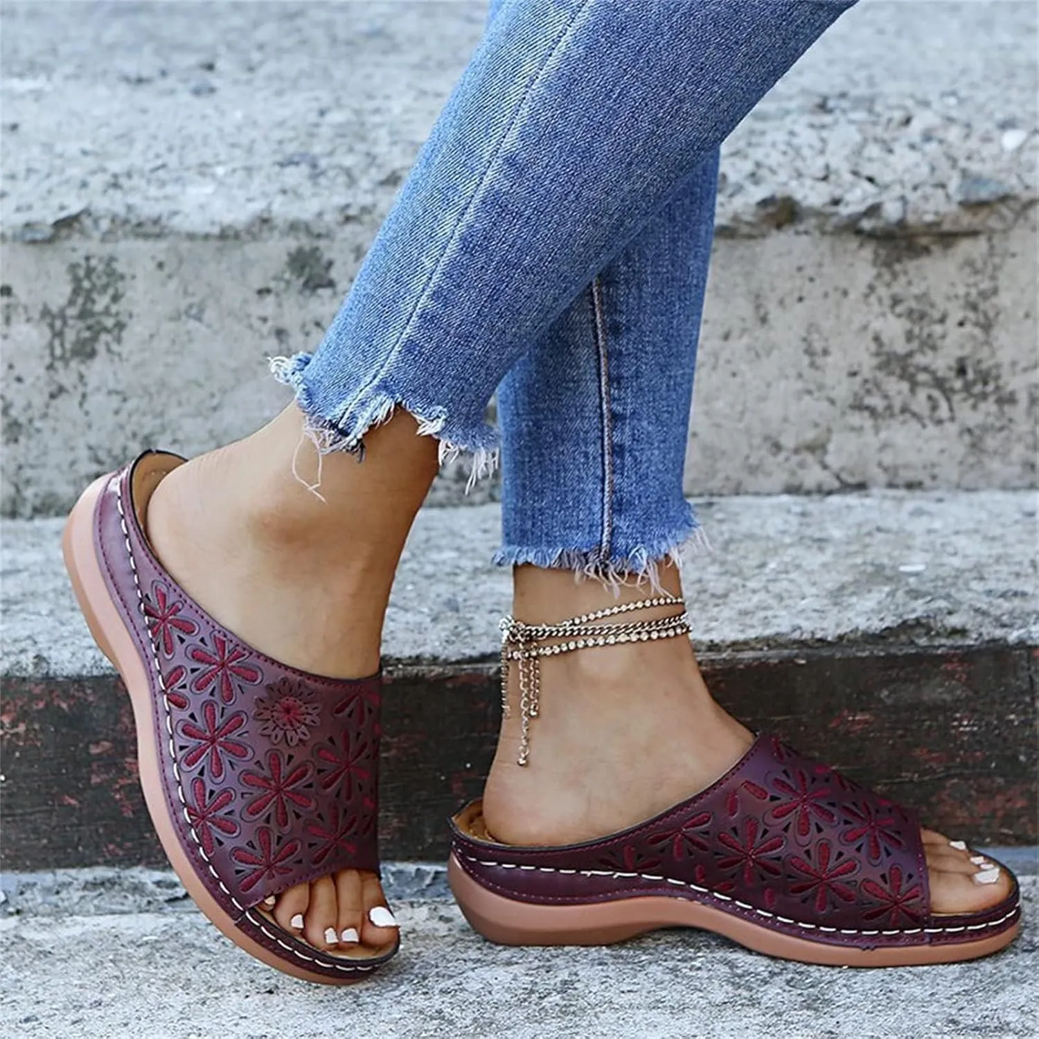 Wide Width Sandals for Women Orthopedic Comfort Slip On Slide Slippers with Arch Support Platform Beach Walking Shoes
