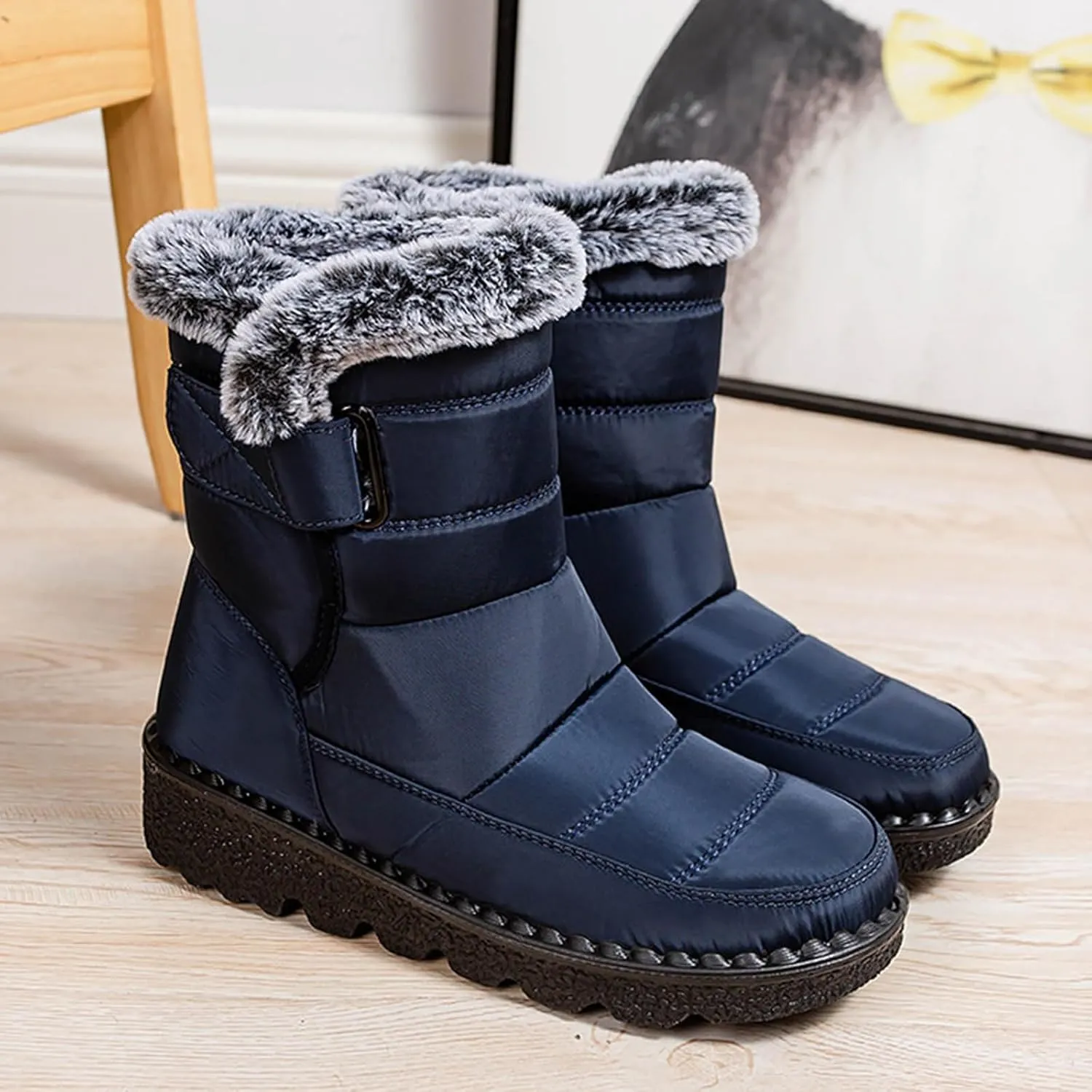 Winter Boots for Women Men Couple Warm Fur Lined Booties Non Slip Waterproof Flat Hook Loop Snow Boots