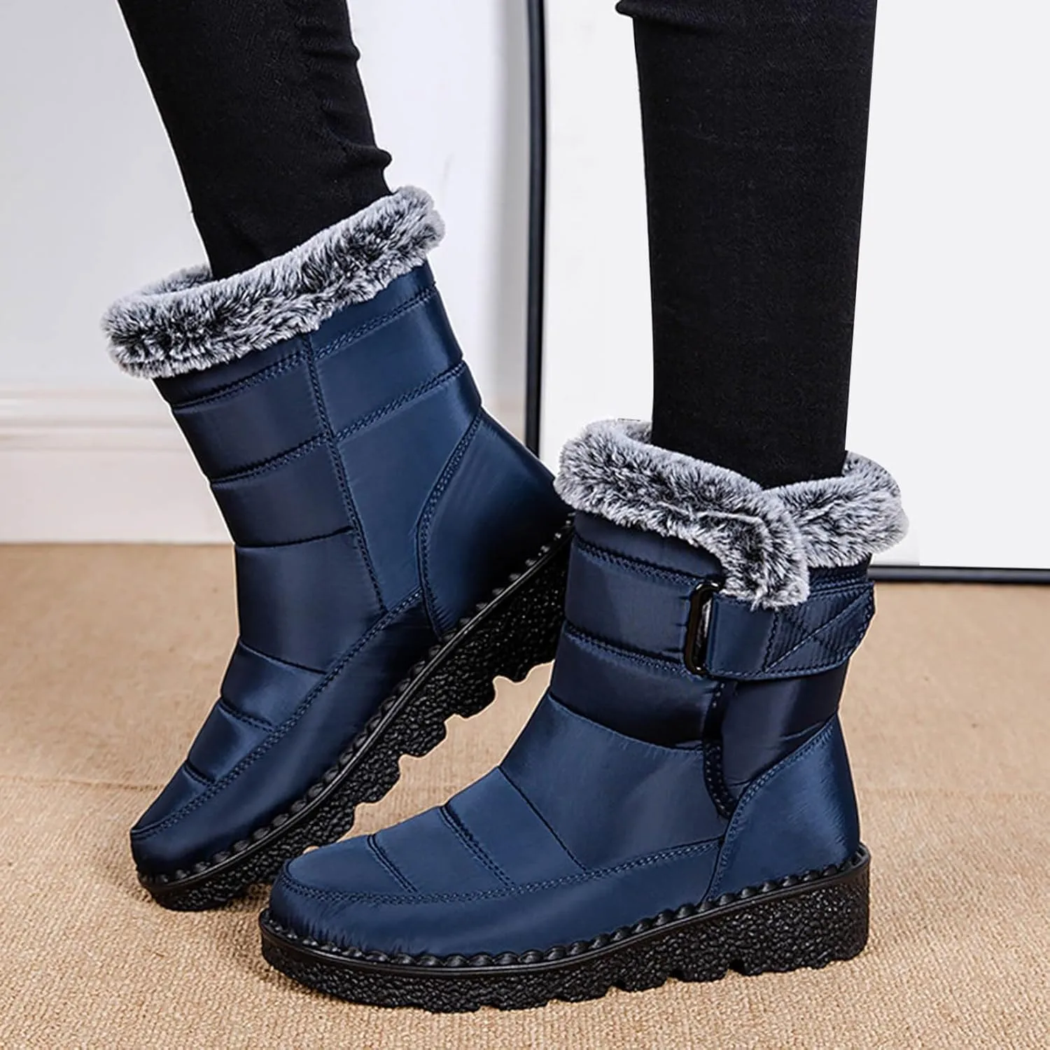 Winter Boots for Women Men Couple Warm Fur Lined Booties Non Slip Waterproof Flat Hook Loop Snow Boots