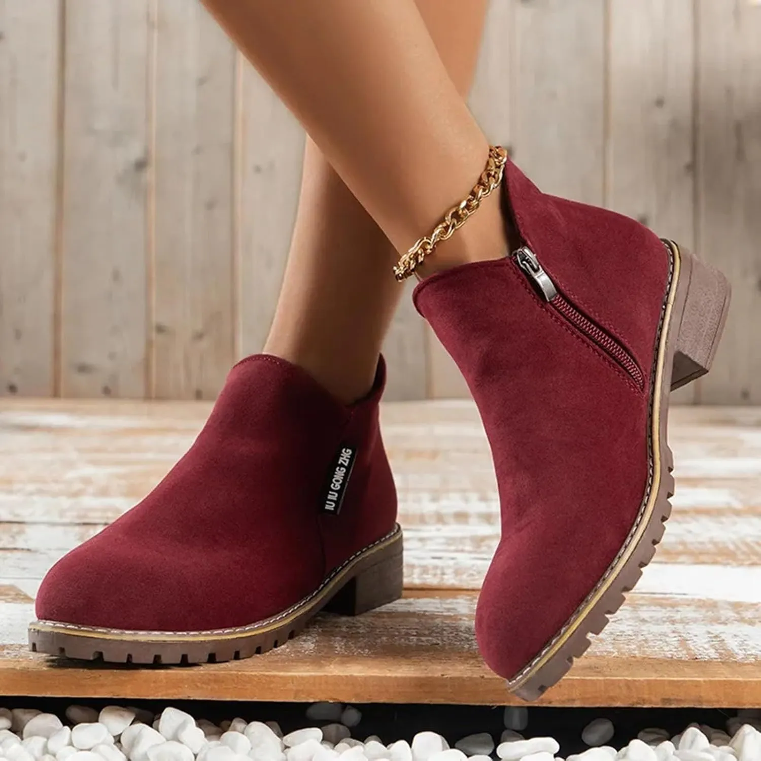 Women Casual Work Boots Chunky Heel Zipper Women Boots Comfortable Round Toe Ankle Comfortable Slip-On Lightweight