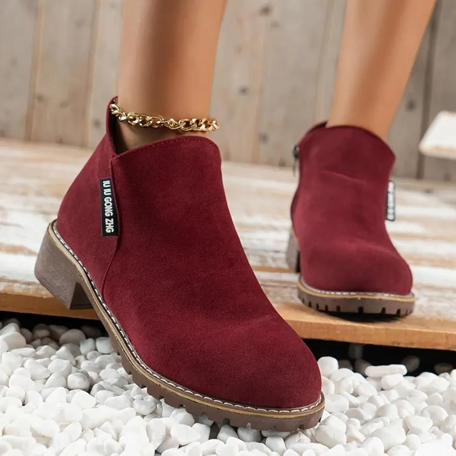 Women Casual Work Boots Chunky Heel Zipper Women Boots Comfortable Round Toe Ankle Comfortable Slip-On Lightweight