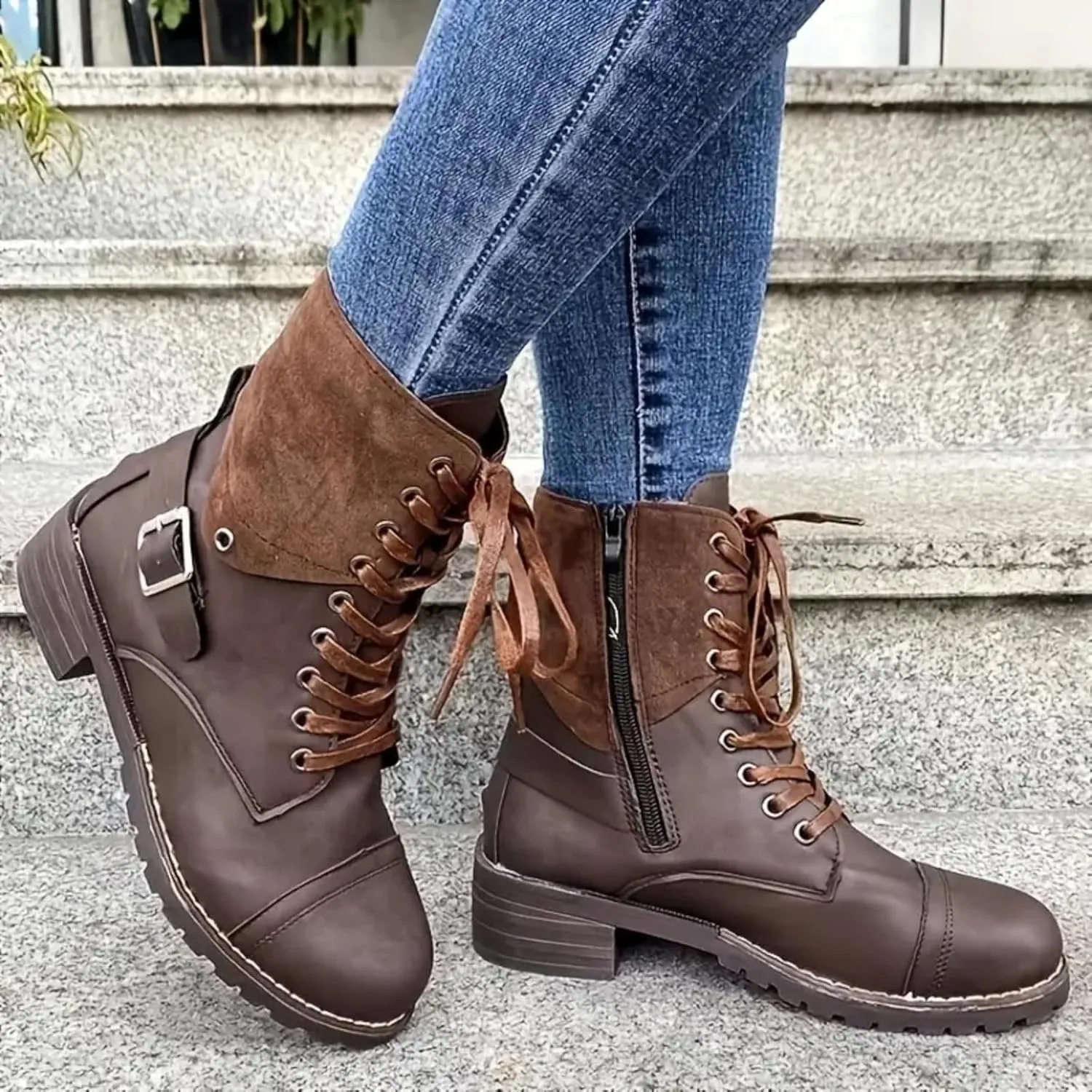 Women Combat Boots Low Heel Women Boots Ankle Boots Western Casual Lace up Round Toe Side Zipper with Buckle Boots