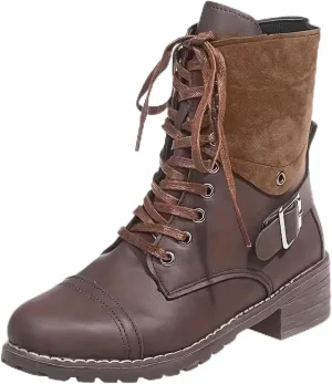 Women Combat Boots Low Heel Women Boots Ankle Boots Western Casual Lace up Round Toe Side Zipper with Buckle Boots