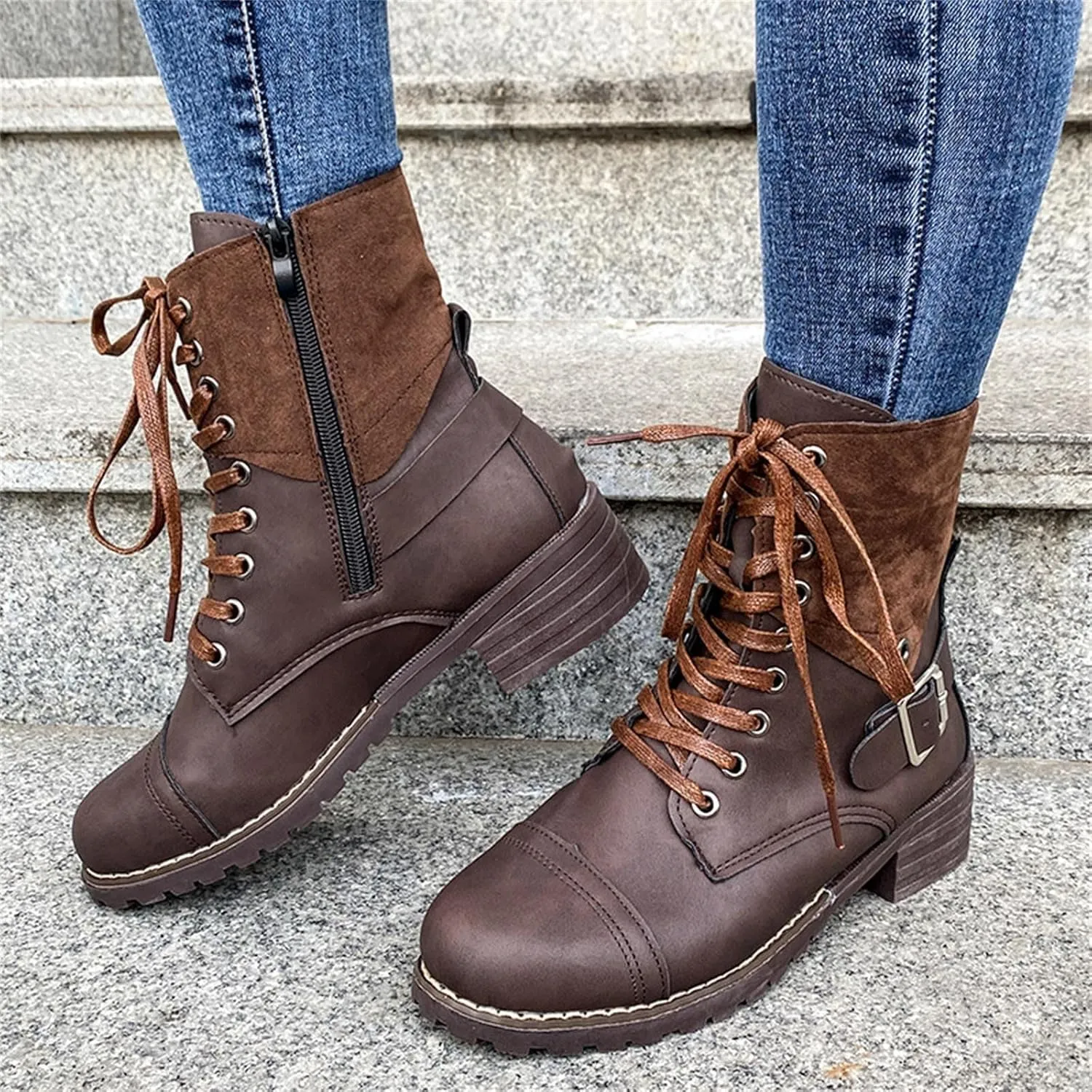 Women Combat Boots Low Heel Women Boots Ankle Boots Western Casual Lace up Round Toe Side Zipper with Buckle Boots