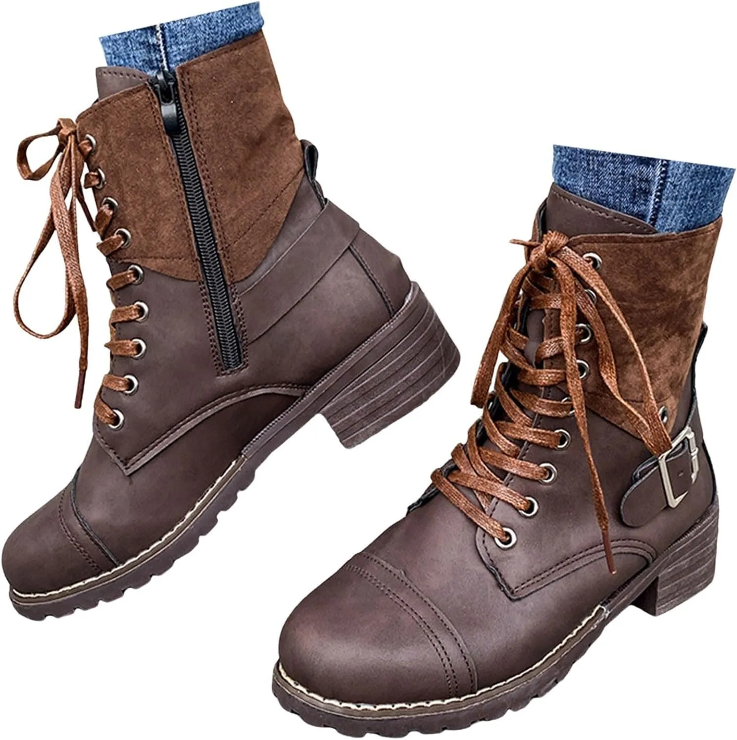 Women Combat Boots Low Heel Women Boots Ankle Boots Western Casual Lace up Round Toe Side Zipper with Buckle Boots