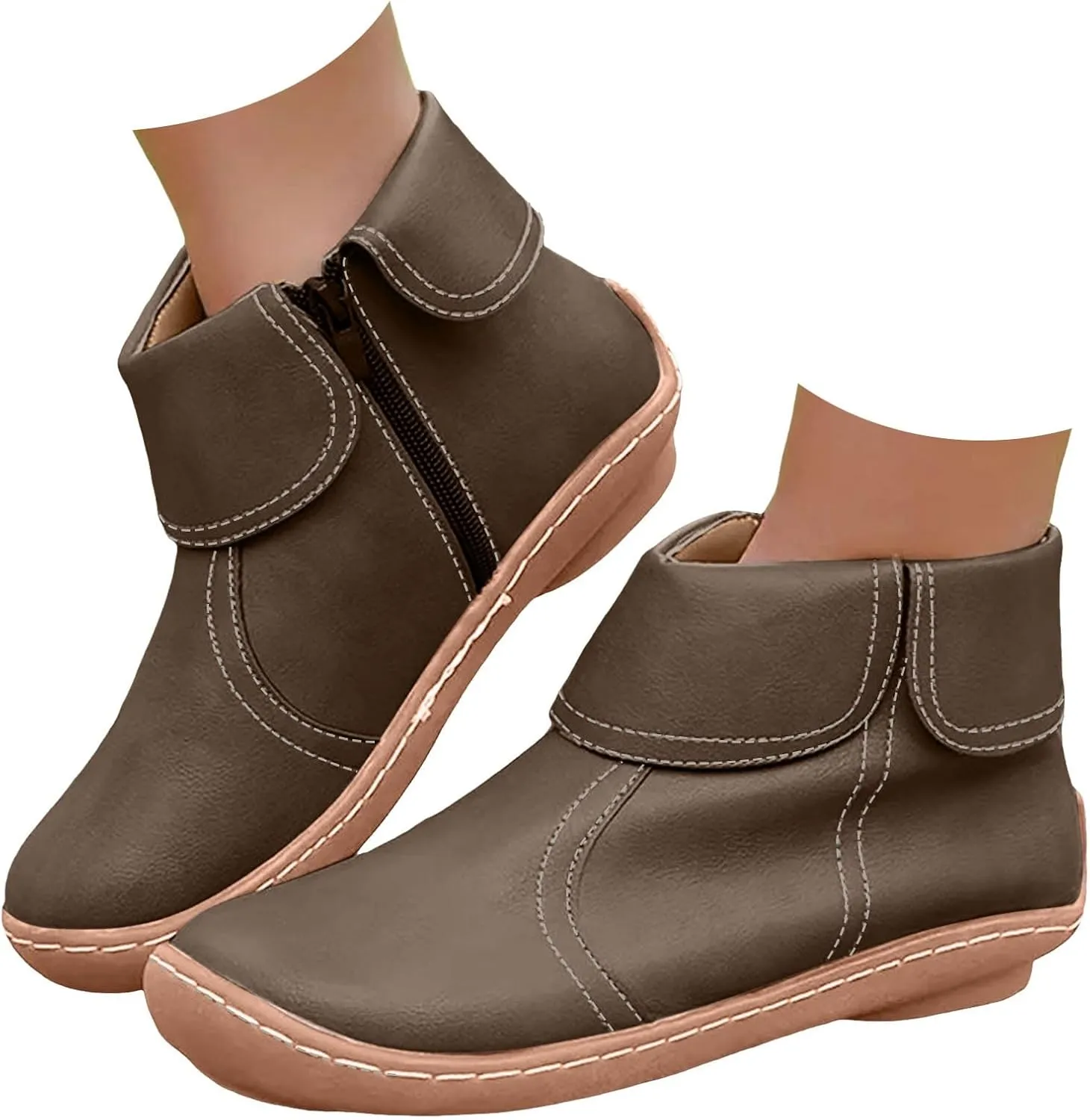 Women Flat Ankle Boots Round Toe Casual Boots for Women Side Zipper Round Toe Fashion Waterproof Comfortable Business