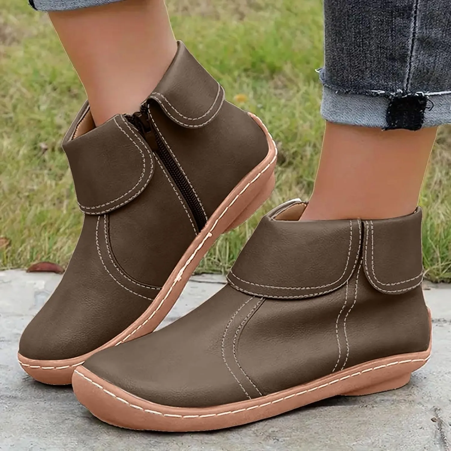 Women Flat Ankle Boots Round Toe Casual Boots for Women Side Zipper Round Toe Fashion Waterproof Comfortable Business