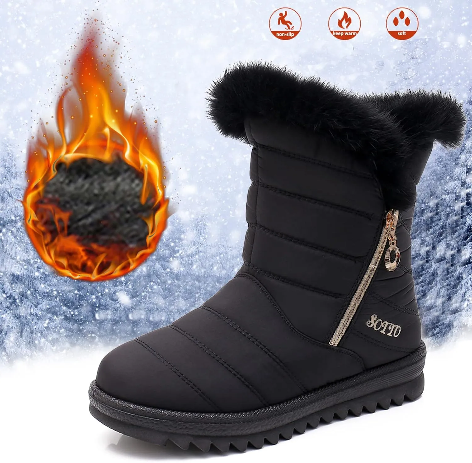 Women Snow Boots Winter Shoes with Zipper Womens Winter Duck Boots Waterproof Insulated Womens Wide Width Snow Boots Tall Wide Calf Snow Boots for Women Low Heel Womens Warm Winter Boots Wide