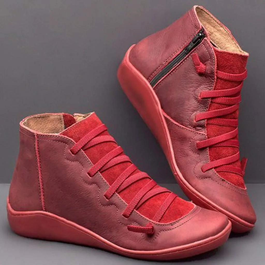 Womens Ankle Boots Flat Boots Women Round Toe Casual Comfortable Lightweight Lace up Side Zipper Plastic Women Boots