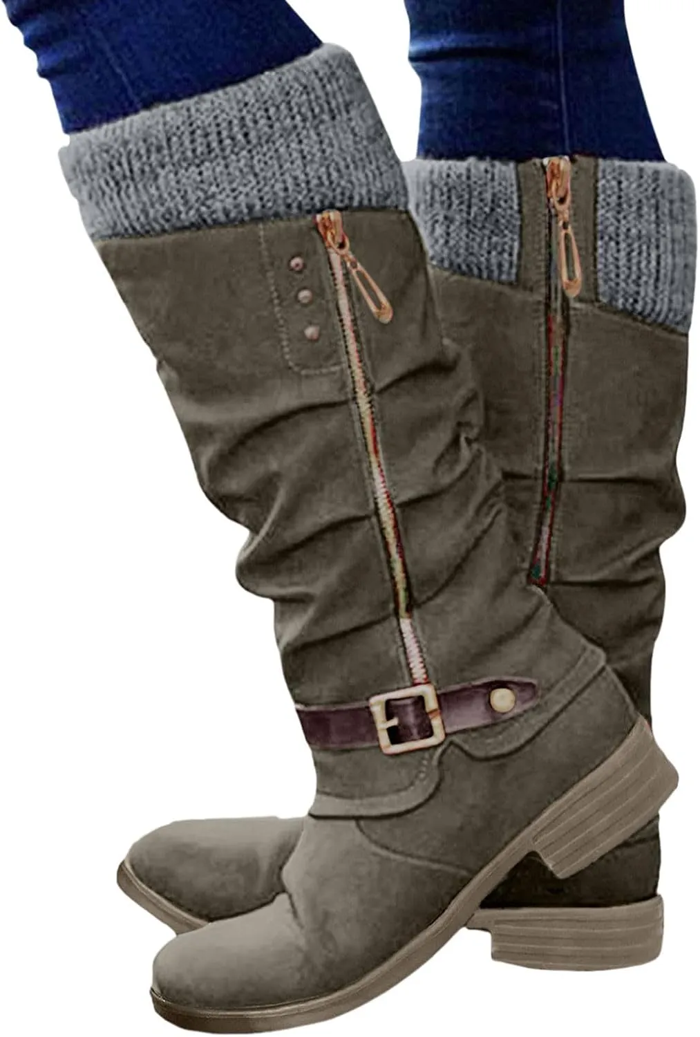 Womens Boots Fall Knee High Boots Women Low Heel Winter Boots for Women Casual Zipper Winter Tall Boots Low Heels