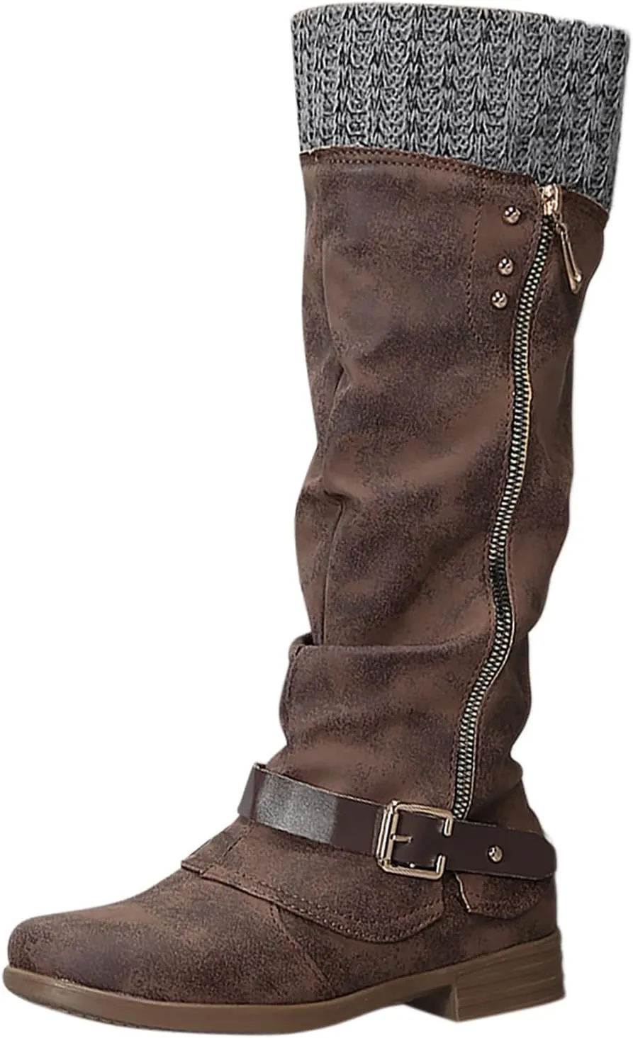 Womens Boots Fashion Thick Sole Zipper Heels Belt Boots for Women Warm Insulated Leather Knee High Boots Women