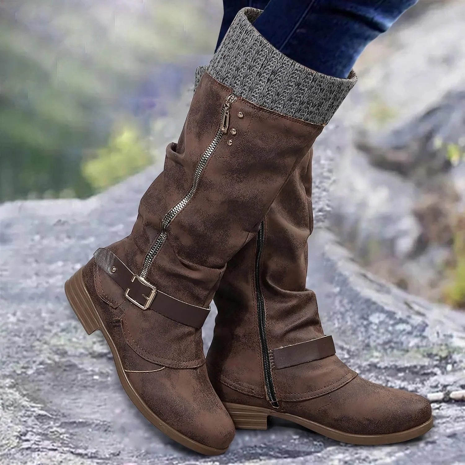 Womens Boots Fashion Thick Sole Zipper Heels Belt Boots for Women Warm Insulated Leather Knee High Boots Women