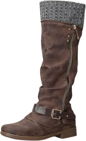 Womens Boots Fashion Thick Sole Zipper Heels Belt Boots for Women Warm Insulated Leather Knee High Boots Women