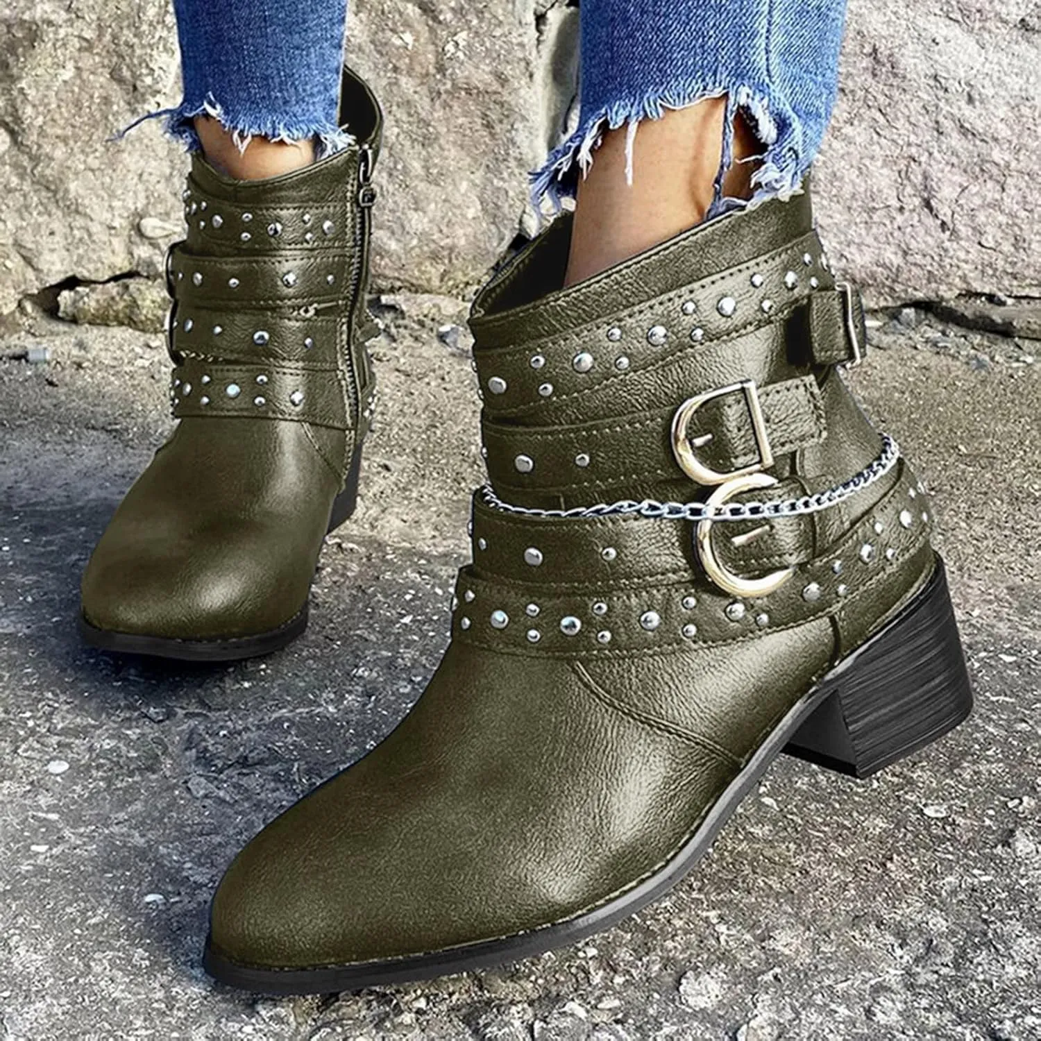 Womens Boots Retro Fashion Button Thick Heel Round Toe Boots for Women Durable Soft Leather Winter Boots