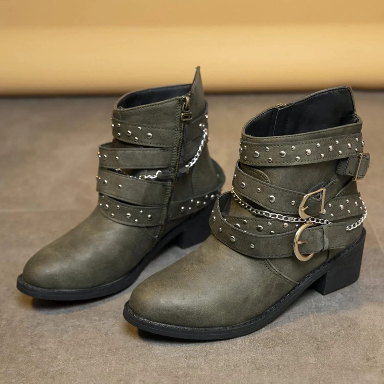 Womens Boots Retro Fashion Button Thick Heel Round Toe Boots for Women Durable Soft Leather Winter Boots