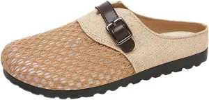 Womens Breathable Mesh Walking Mules 2025 Flat Mules Round Toe Buckle Strap Open Back Slip On Shoes Arch Support