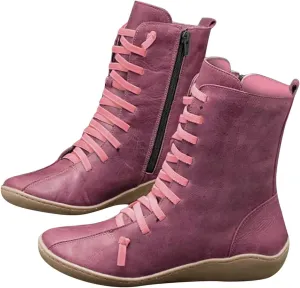 Women's Casual Boots Work Boots for Women Wide WidthWomen's Retro Mid-Calf Boots Solid Color Lace-up Short Boots