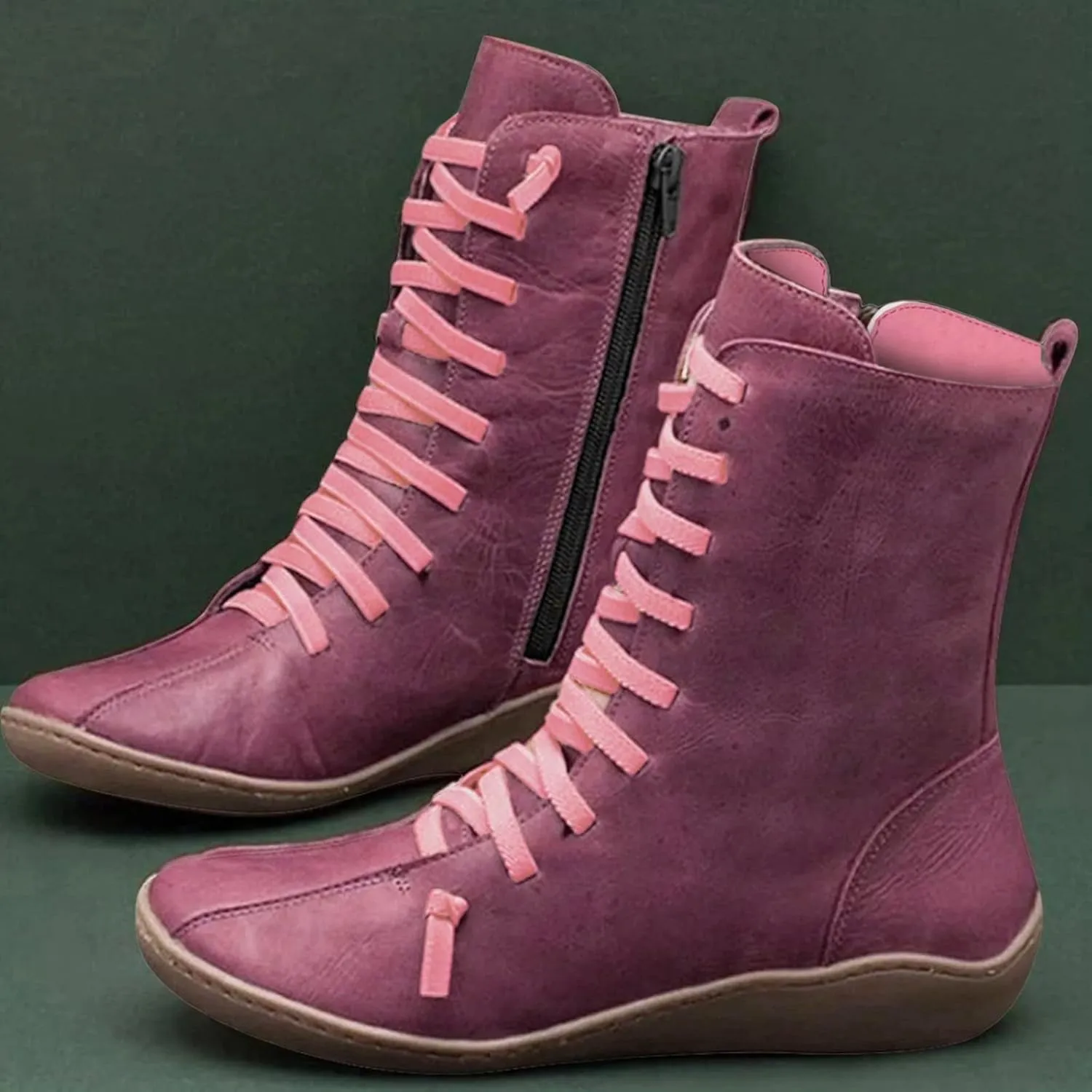 Women's Casual Boots Work Boots for Women Wide WidthWomen's Retro Mid-Calf Boots Solid Color Lace-up Short Boots