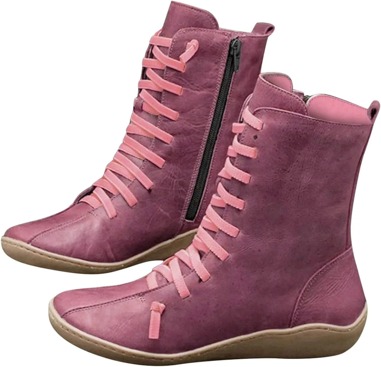 Women's Casual Boots Work Boots for Women Wide WidthWomen's Retro Mid-Calf Boots Solid Color Lace-up Short Boots