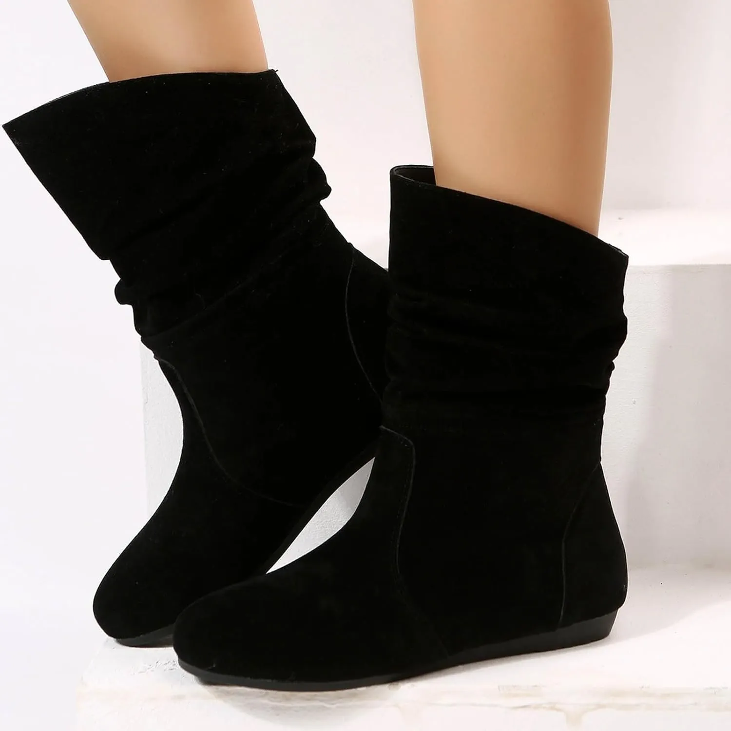 Womens Casual Western Boots Mid Calf Boots for Women Ladies British Fashion Suede Pleated Round Toe Casual Boots