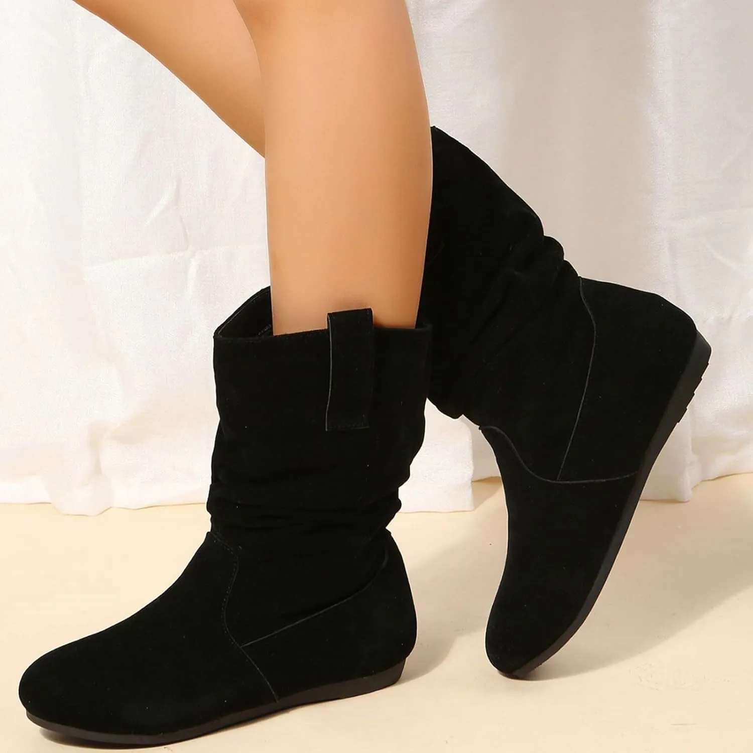 Womens Casual Western Boots Mid Calf Boots for Women Ladies British Fashion Suede Pleated Round Toe Casual Boots