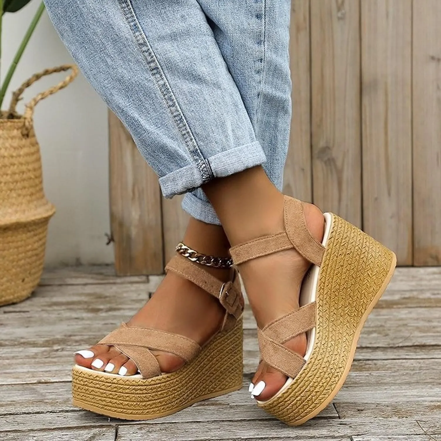 Women's High Heeled Thick Soled Fish Mouth Sandals Wedge Heeled Open Toed Platform Beach Sandals Women Wide Shoe