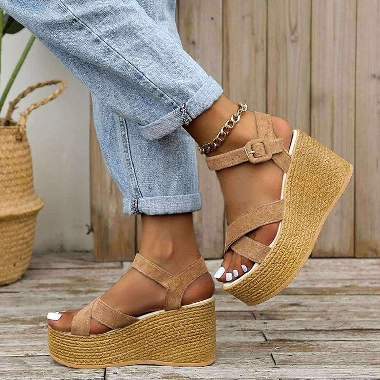 Women's High Heeled Thick Soled Fish Mouth Sandals Wedge Heeled Open Toed Platform Beach Sandals Women Wide Shoe
