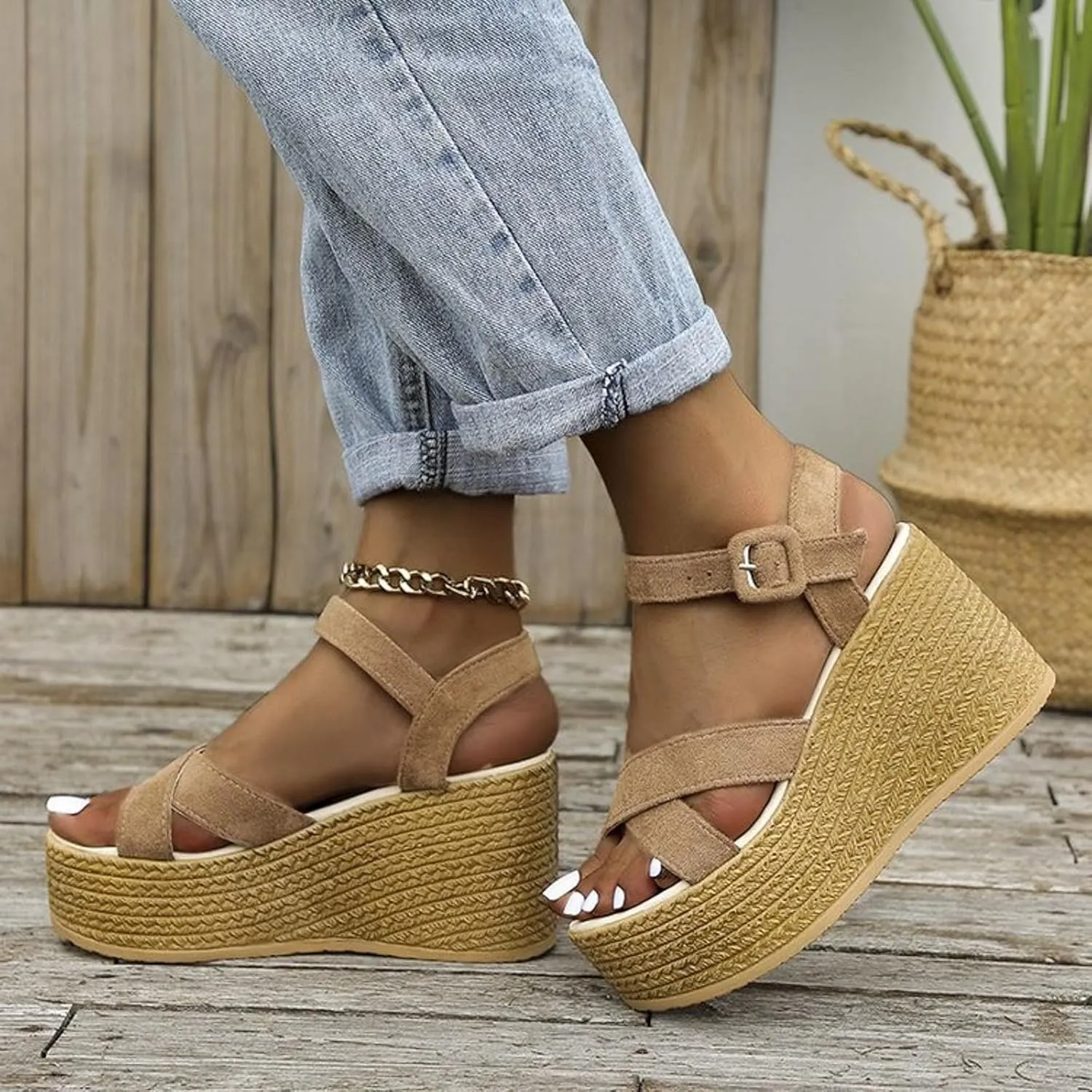 Women's High Heeled Thick Soled Fish Mouth Sandals Wedge Heeled Open Toed Platform Beach Sandals Women Wide Shoe