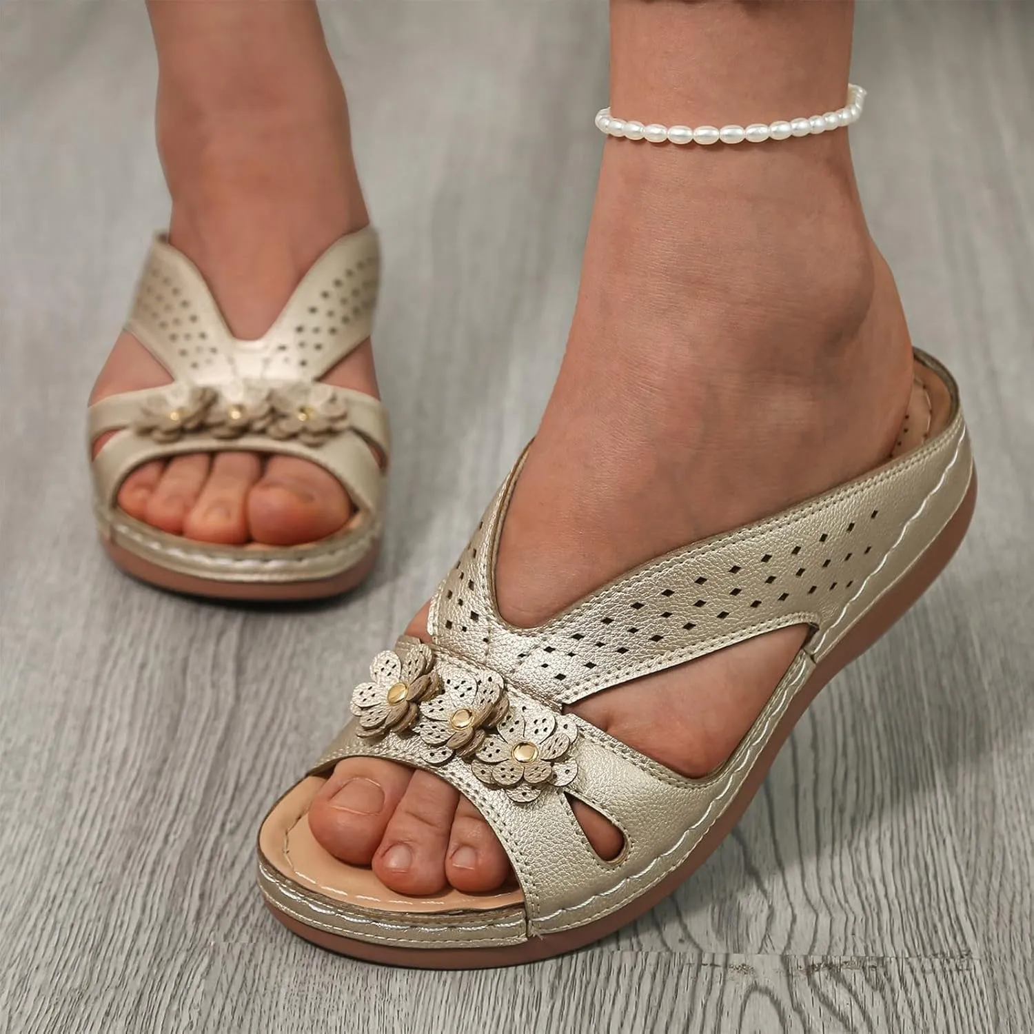 Womens Orthopedic Arch Support Flowers Sandals, 2024 Summer Plus Size Breathable Wedge Comfortable Walking