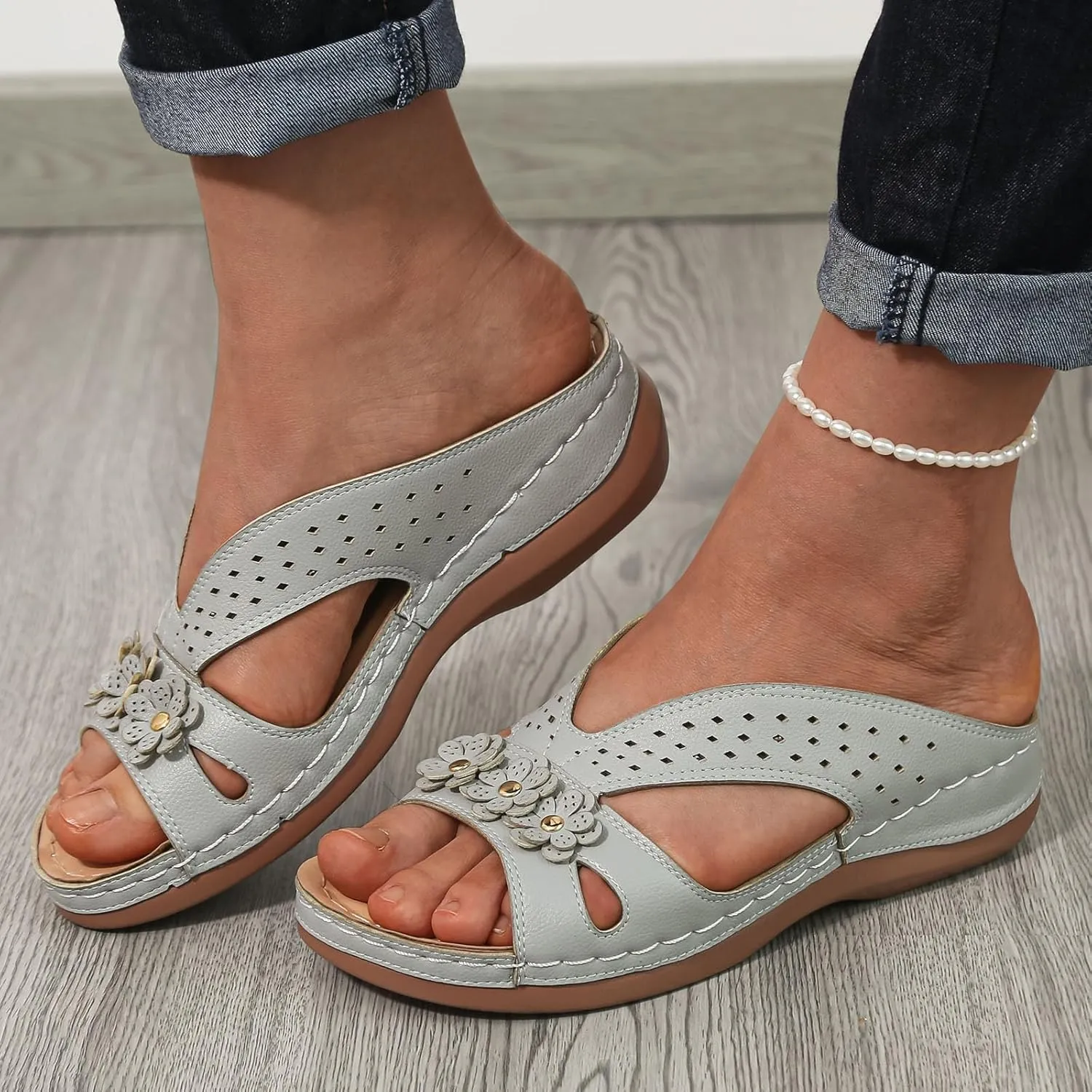 Womens Orthopedic Arch Support Flowers Sandals, 2024 Summer Plus Size Breathable Wedge Comfortable Walking