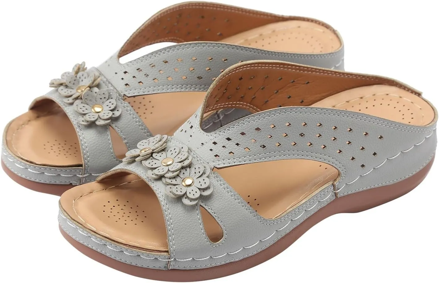 Womens Orthopedic Arch Support Flowers Sandals, 2024 Summer Plus Size Breathable Wedge Comfortable Walking