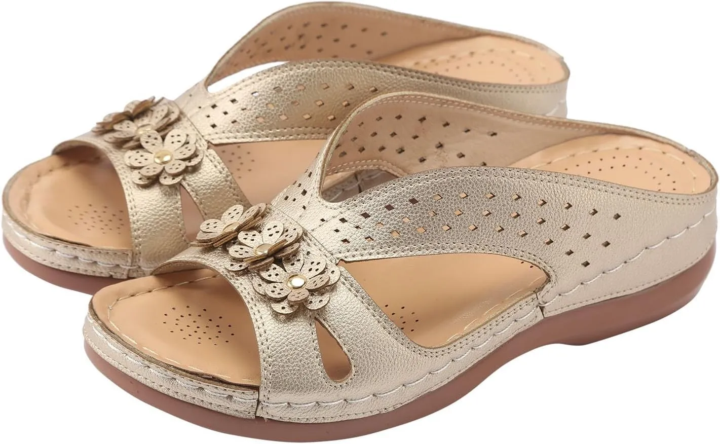 Womens Orthopedic Arch Support Flowers Sandals, 2024 Summer Plus Size Breathable Wedge Comfortable Walking