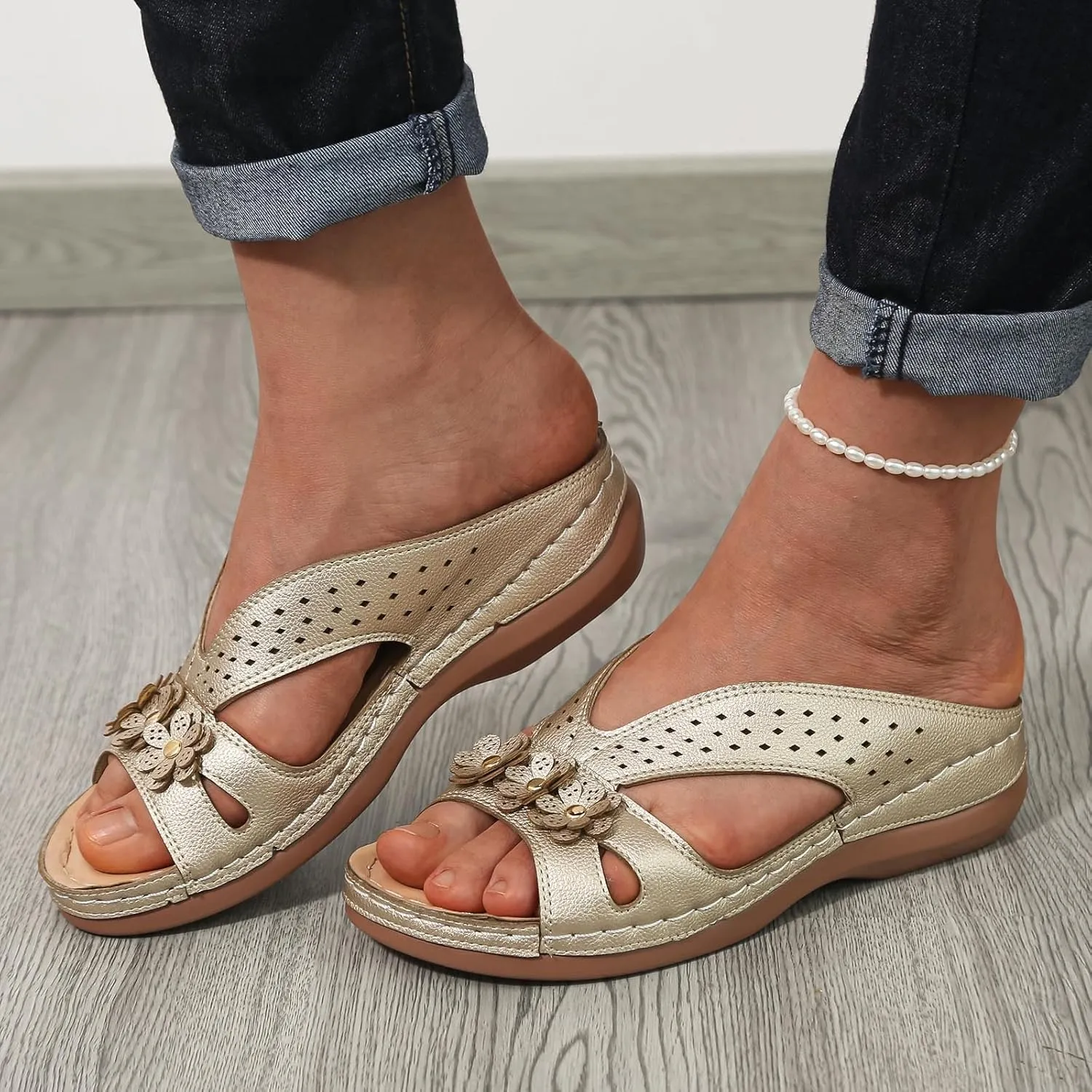 Womens Orthopedic Arch Support Flowers Sandals, 2024 Summer Plus Size Breathable Wedge Comfortable Walking